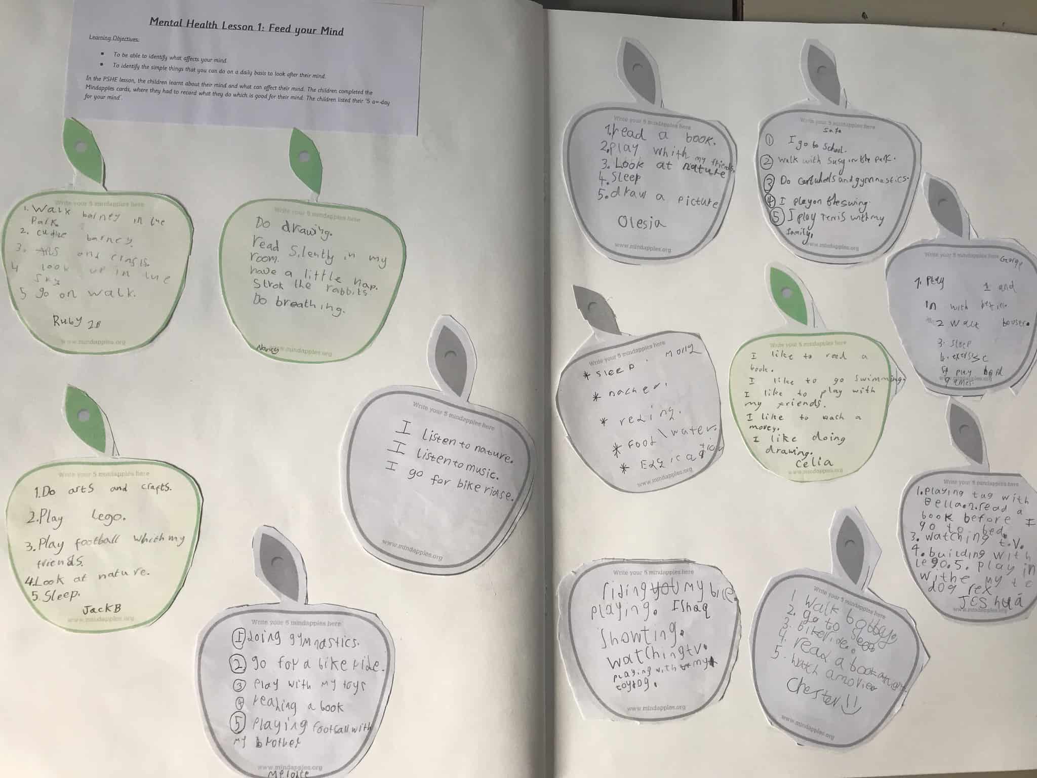 Lots of close ups of apple shaped cards from a school where children have written their Mindapples; 5 things they do regularly to look after their mind. Including doing gymnastics, sleep, play lego and playing football with friends. From the Mindapples schools wellbeing pilot.