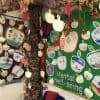Bright and colourful display of a school noticeboard with a tree trunk and tree branches covered in childresn apple shaped cards with ideas of how they look after their mind.