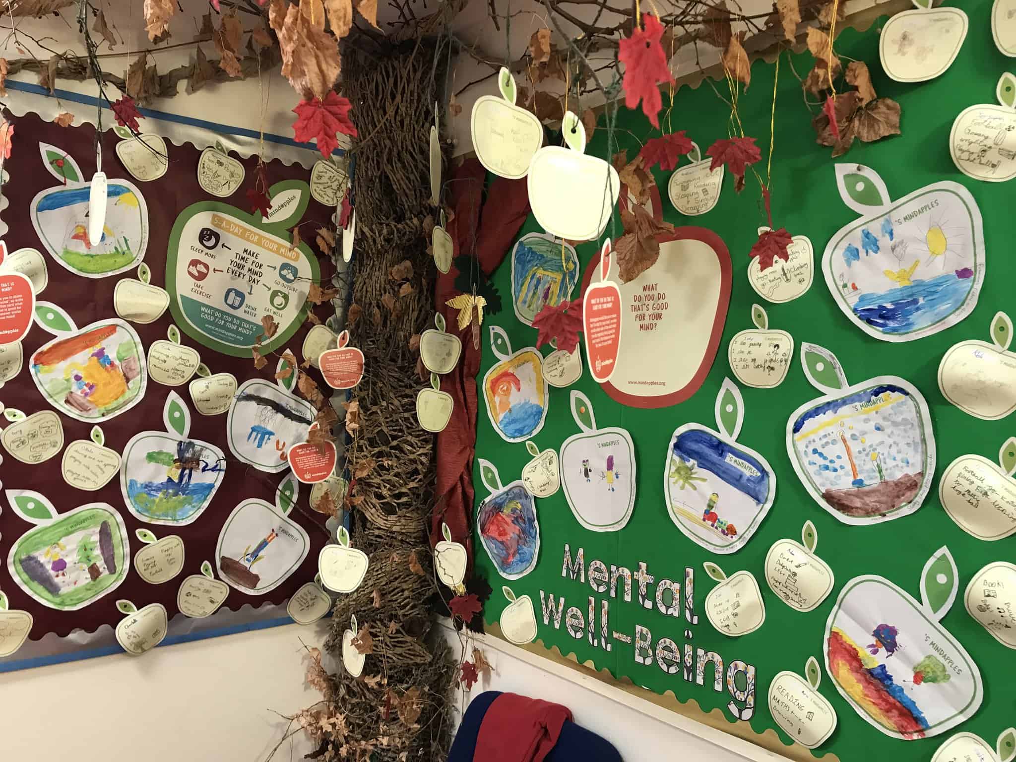 Colourful wall display from a school from the Mindapples schools wellbeing pilot with a tree and tree branches covered in apple shaped cards drawn and written by children with their 5 a day for their mind, their Mindapples.