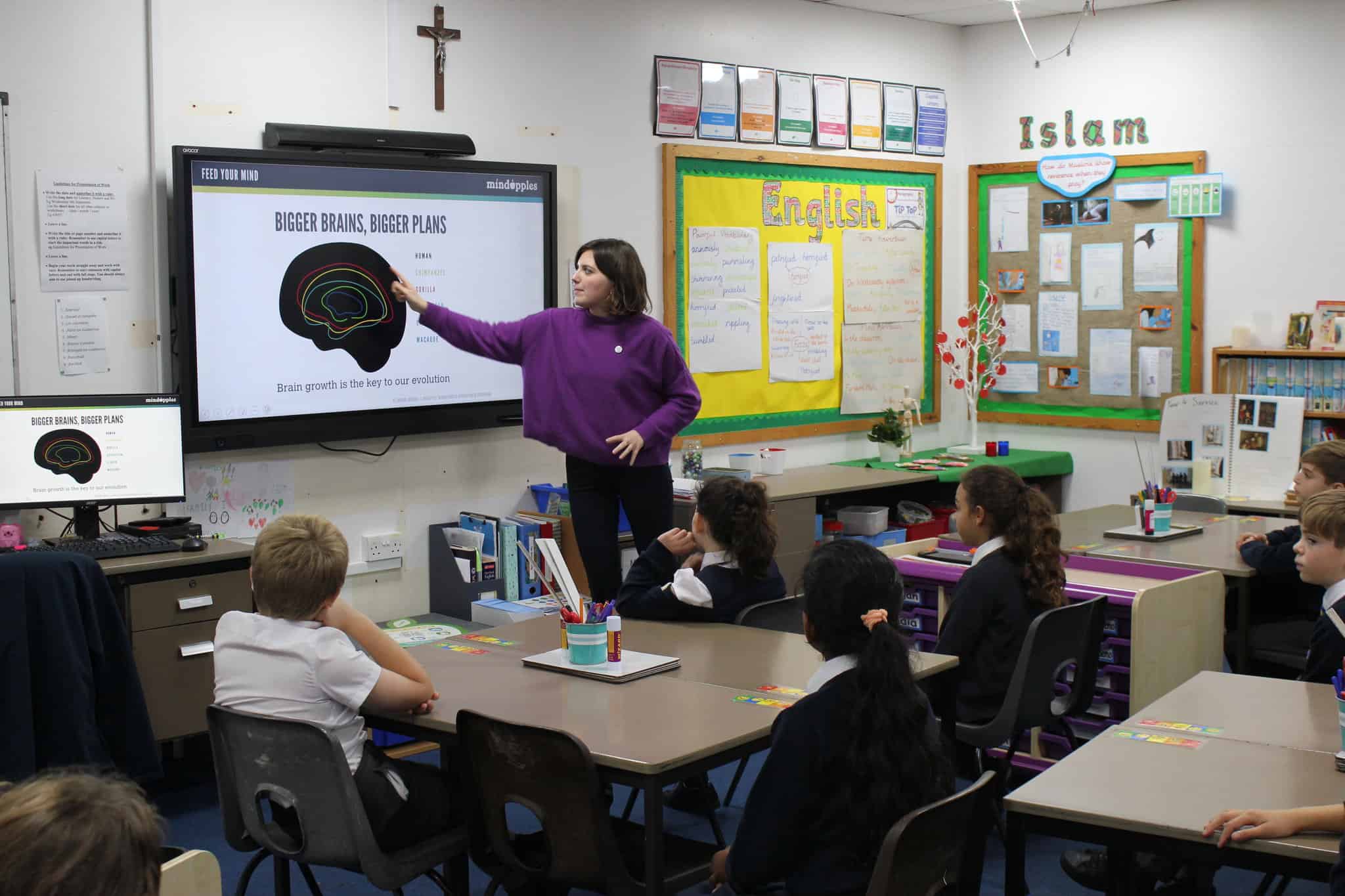 Schoolteacher in classroom pointing at whiteboard teaching children how to promote positive mental health.