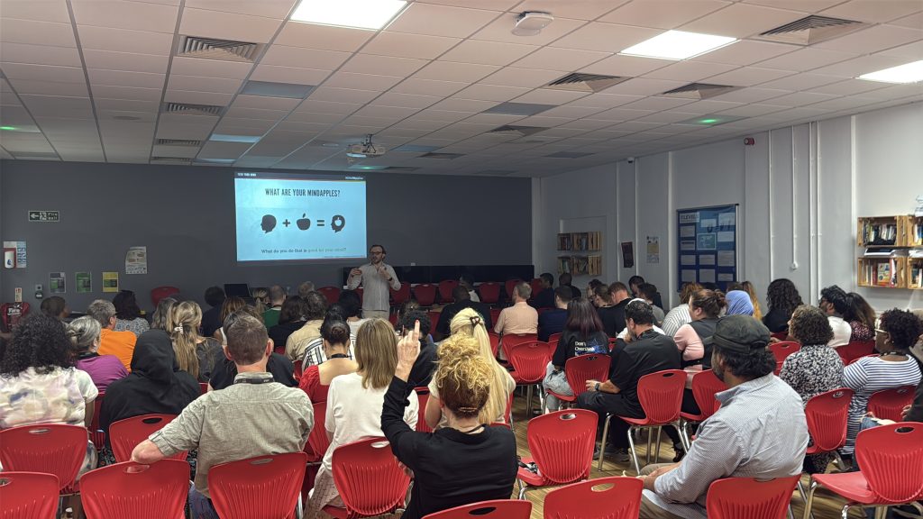 A room full of teachers listening to Mindapples trainer, Andy Gibson, delivering our Feed Your Mind workshop.