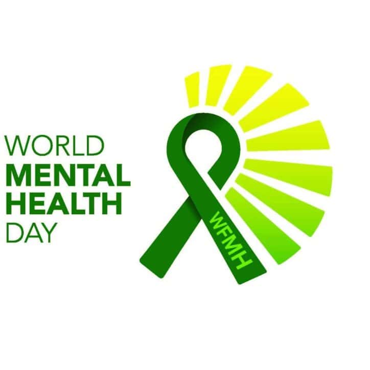 World Mental Health Day logo with a green ribbon and sunburst