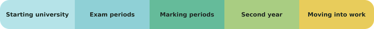 Timeline of five pressure points across the academic year, starting university, exam periods, marking periods, second year, and moving into work.